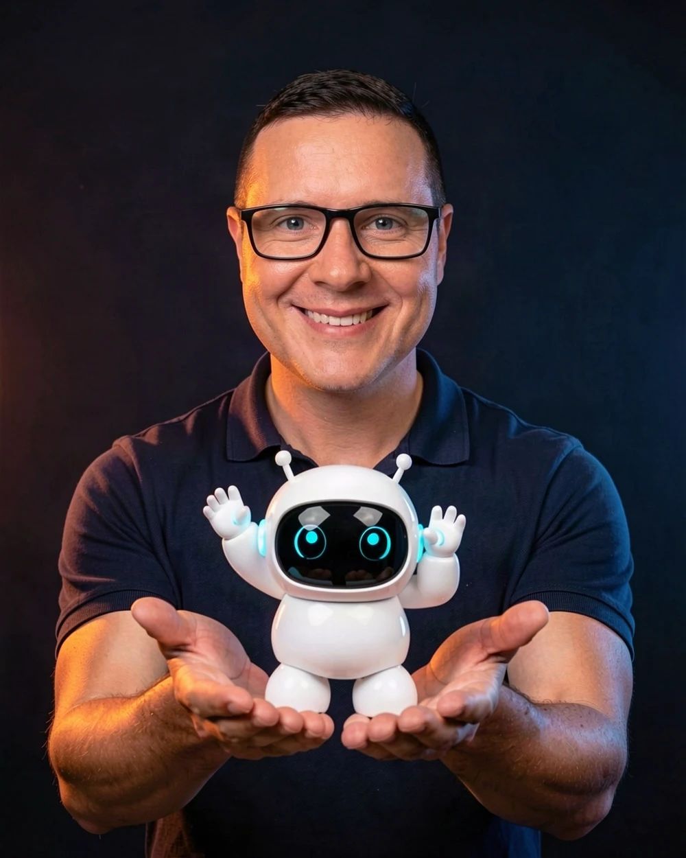 Jason Truman, founder of WellScaledTech, handing over a small AI robot